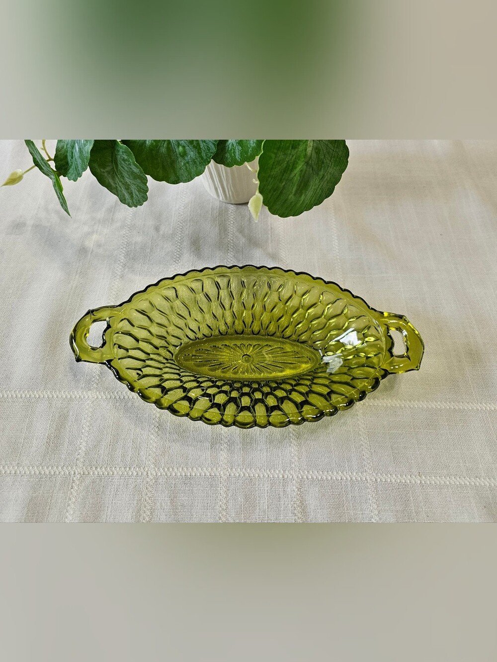 Vintage Avocado Indiana Glass Serving Tray With Handles